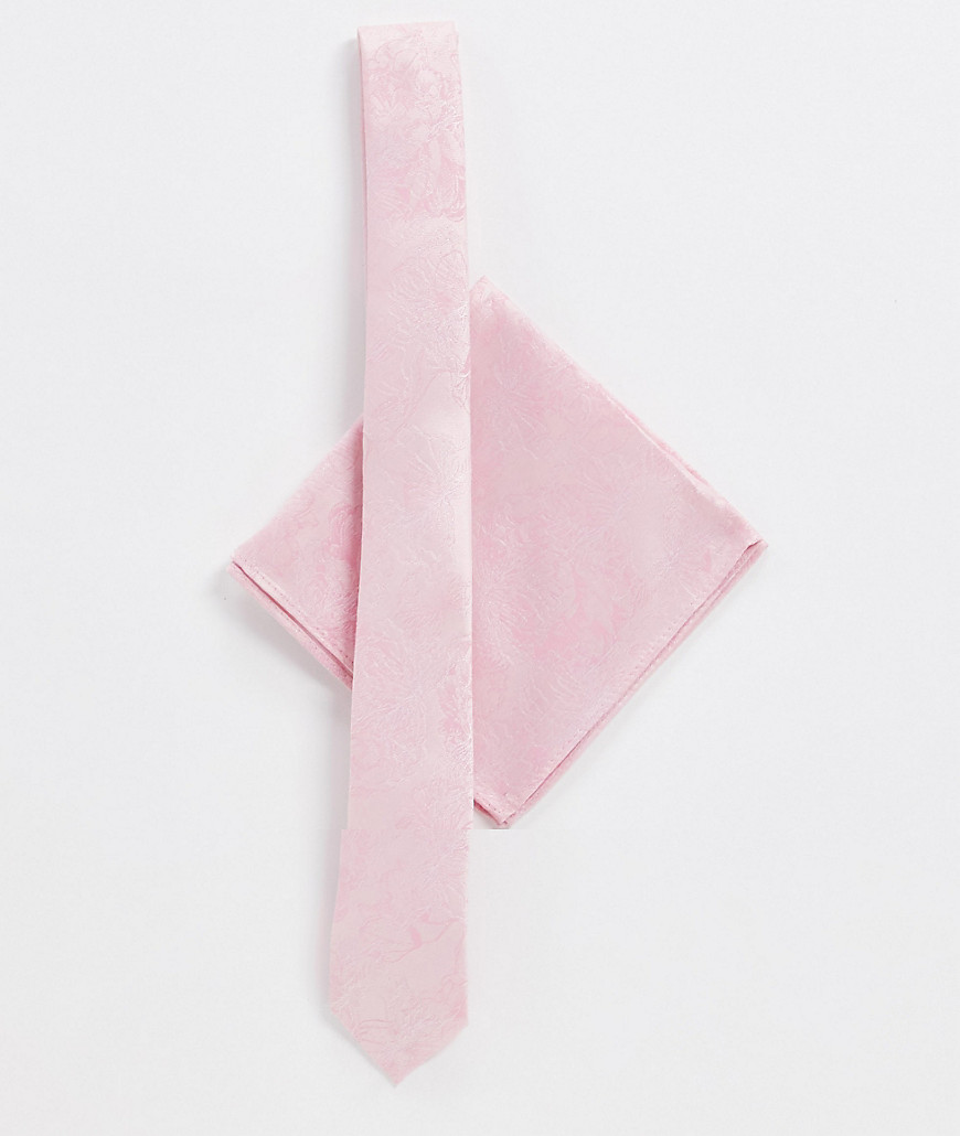 ASOS DESIGN - Smalle stropdas en pochet in roze gebloemd jacquard