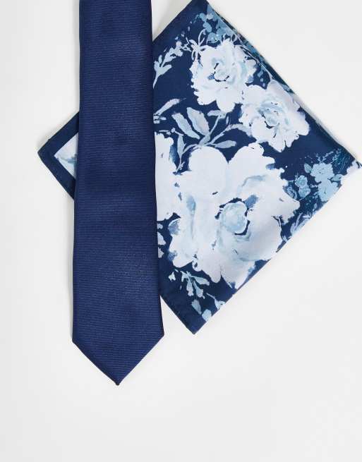 ASOS DESIGN - Smalle stropdas en pochet met bloemenprint in marineblauw 
