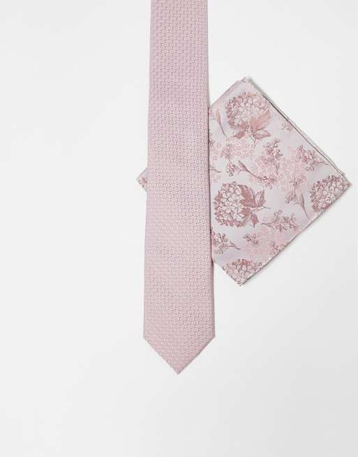 ASOS DESIGN - Smalle stropdas en pochet met bloemenprint in roze