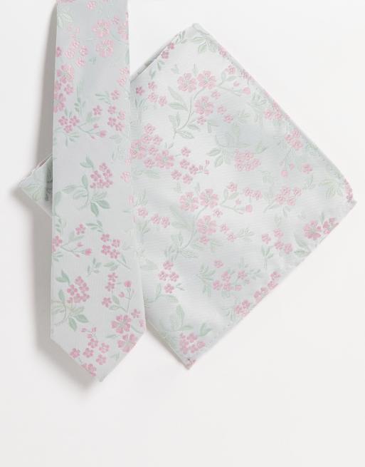 ASOS DESIGN - Smalle stropdas en pochet met fijne bloemenprint in saliegroen en roze 