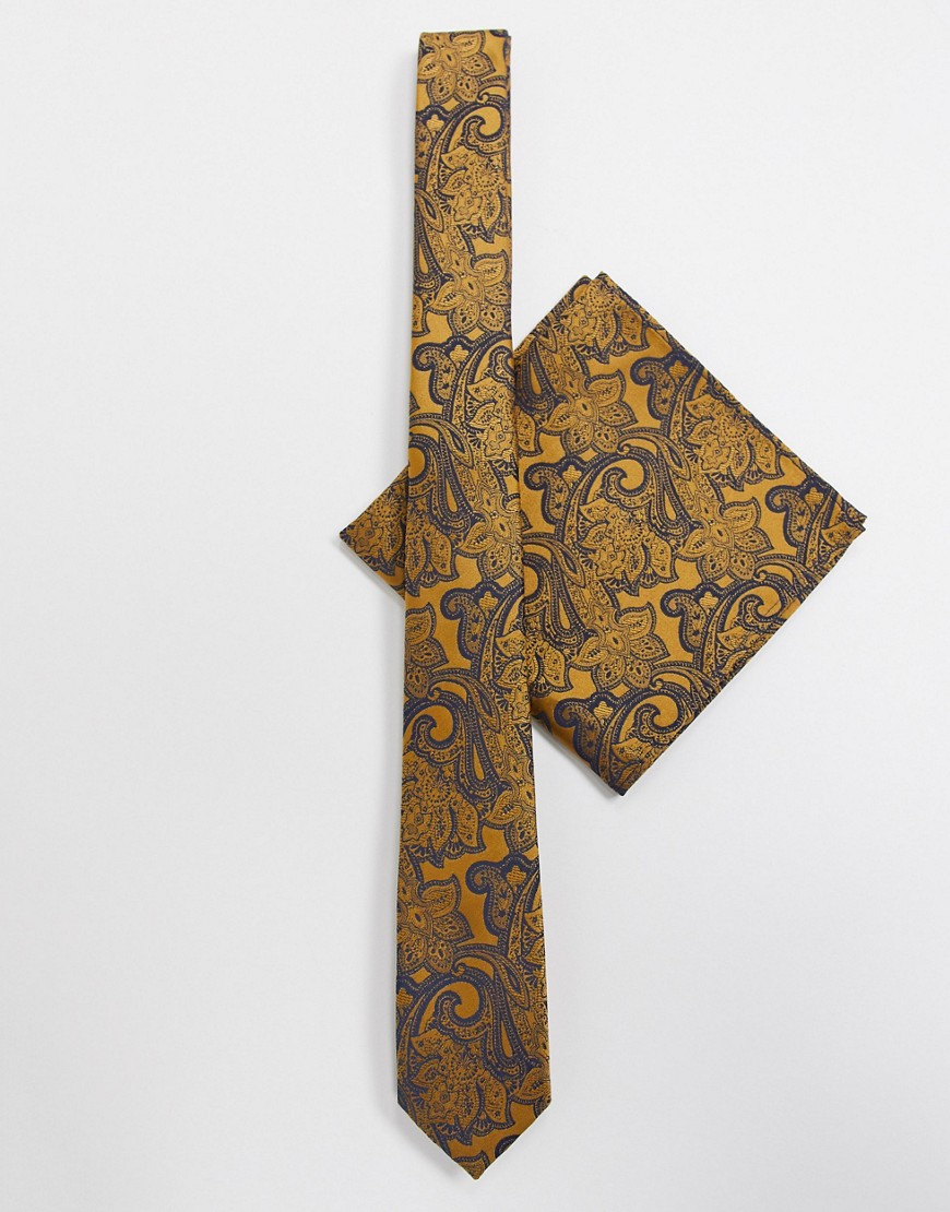 ASOS DESIGN - Smalle stropdas en pochet met paisleyprint in mosterdgeel
