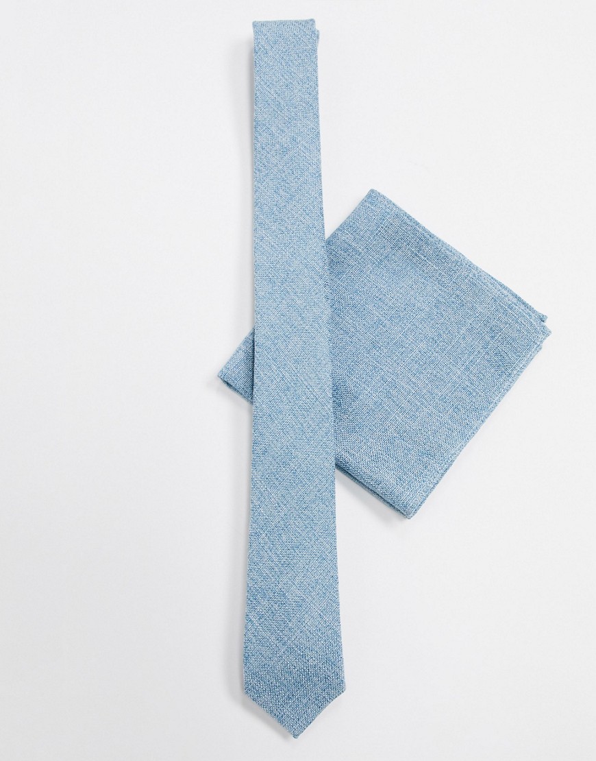 ASOS DESIGN - Smalle stropdas en pochet met textuur in blauw