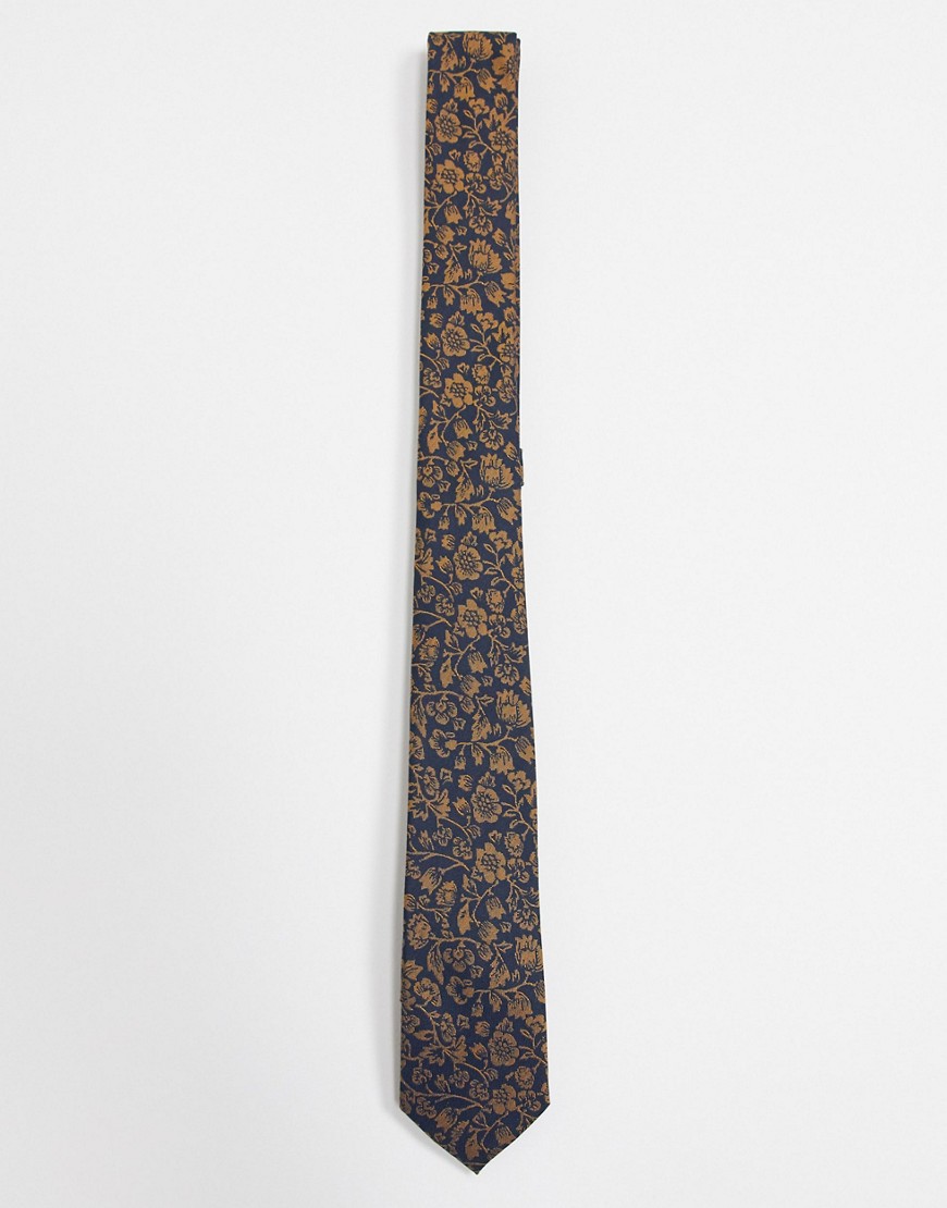 ASOS DESIGN - Smalle stropdas met bloemenprint in marineblauw