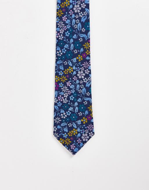 ASOS DESIGN - Smalle stropdas met fijne bloemenprint in marineblauw 