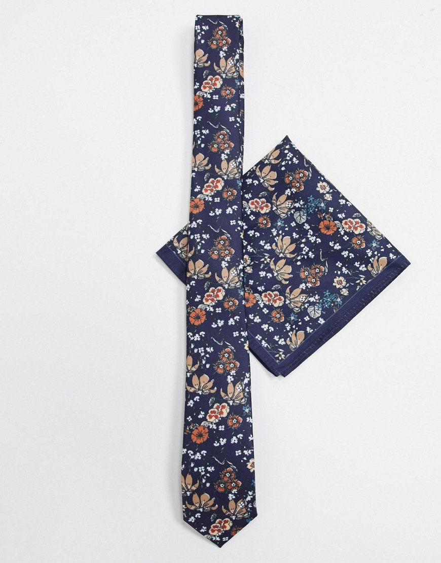 ASOS DESIGN - Smalle stropdas met gebloemde digitale print en pochet-Multi