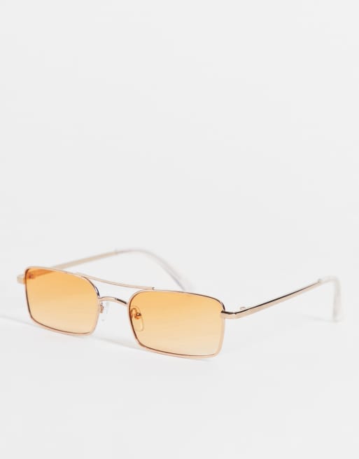 ASOS DESIGN - Smalle vierkante pilotenzonnebril met oranje glazen met kleurverloop in goud