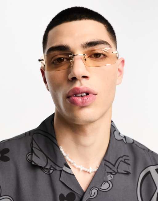 ASOS DESIGN - Smalle zonnebril zonder montuur in goud met glazen in taupe