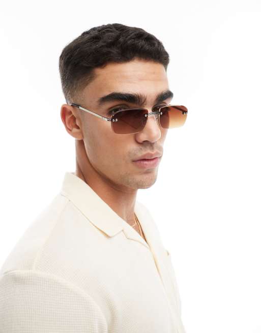 ASOS DESIGN - Smalle zonnebril zonder rand in zilver met bruine glazen met kleurverloop