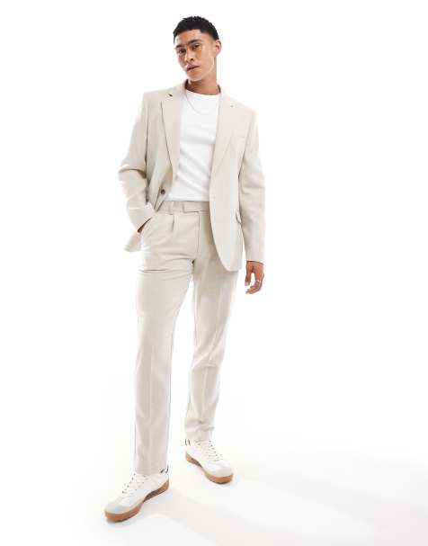 ASOS DESIGN - Smalt jakkesæt med sildebensmønster i beige uld - view 1