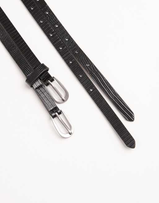 ASOS DESIGN - Smalt og sort bælte med dobbelt rem i imiteret læder med krokodillemønster, 2 af 3