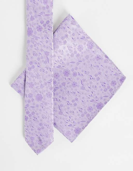 ASOS DESIGN - Smalt slips og lommeklud med småblomstret print i lyslilla 