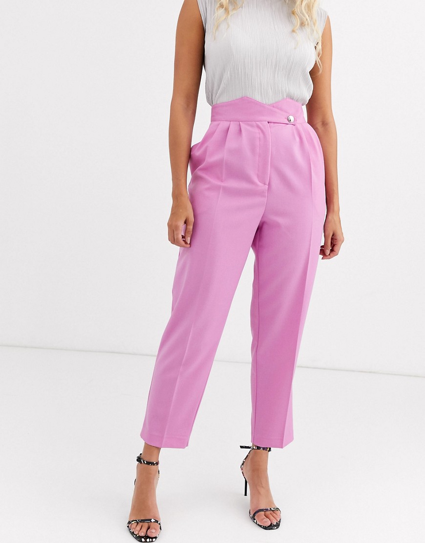 ASOS DESIGN - Smaltoelopende broek met hoge taille en knoop-Roze