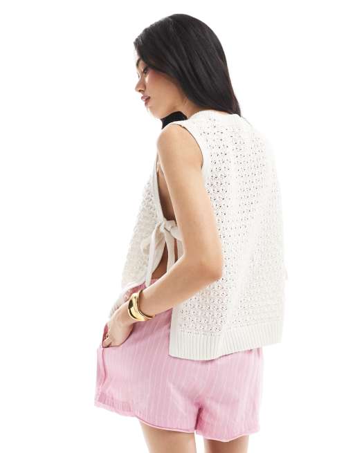 ASOS DESIGN - Smanicato in maglia all'uncinetto écru con laccetti laterali, 4 di 4