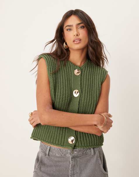 ASOS DESIGN - Smanicato kaki in maglia spessa con bottoni dorati - view 1