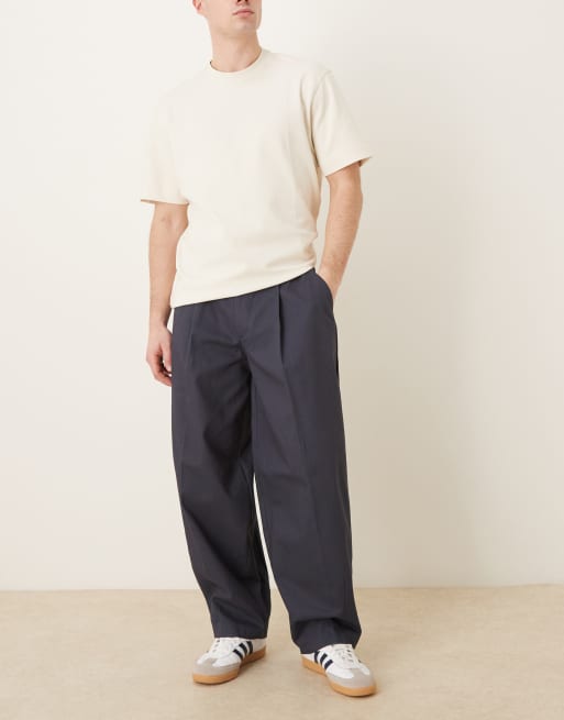 ASOS DESIGN smart 100% cotton heavyweight wide barrel pants in navy, 2 of 5