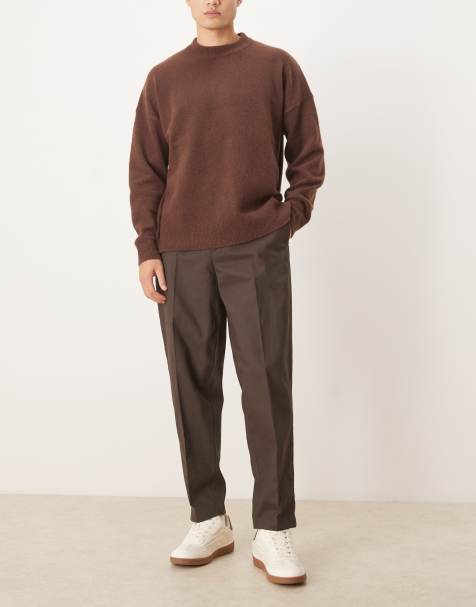 ASOS DESIGN smart 100% cotton oversized tapered trousers with front pleat in brown with elasticated waist