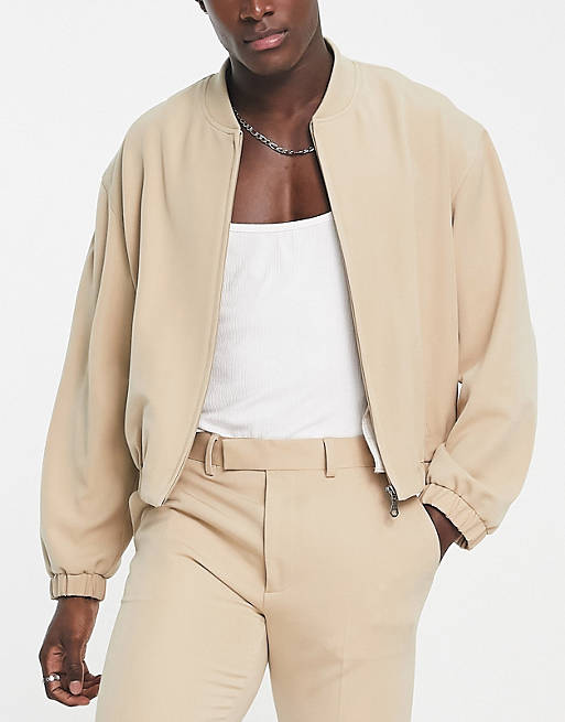 ASOS DESIGN smart 80s oversized bomber jacket with elasticated cuffs and  hem in stone - part of a set