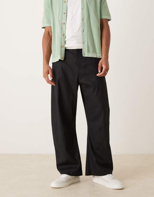 ASOS DESIGN smart barrel leg fit trousers in black linen - BLACK