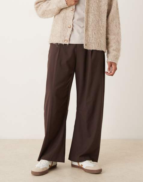 ASOS DESIGN smart barrel leg flannel trousers in dark brown - BROWN - view 1