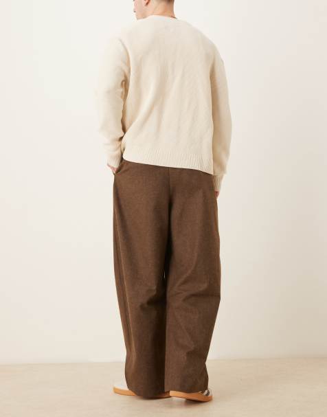 ASOS DESIGN smart barrel leg pants with front pleats in brown brushed fabric - view 1