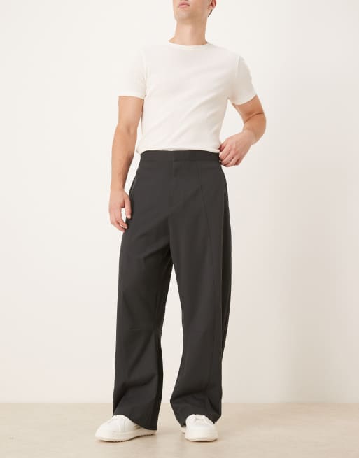 ASOS DESIGN smart barrel leg trousers with side adjusters and seam details in charcoal - BLACK
