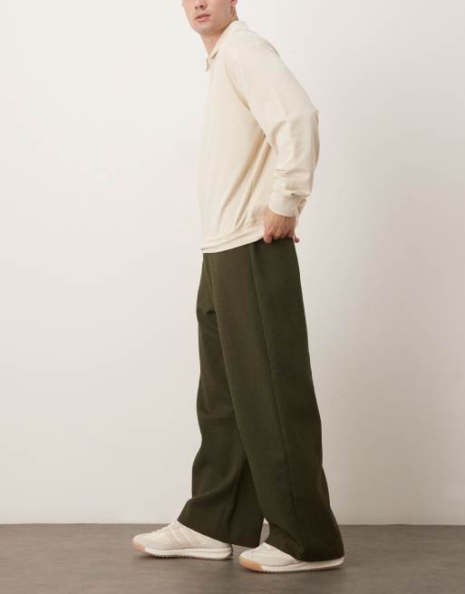 ASOS DESIGN smart wide barrel leg trousers with wool in dark green twill