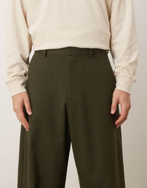 ASOS DESIGN smart wide barrel leg trousers with wool in dark green twill