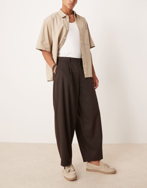 ASOS DESIGN smart barrel leg wool mix trousers in brown herringbone