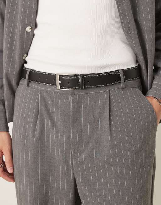 ASOS DESIGN smart belt in faux black leather with contrast stitch