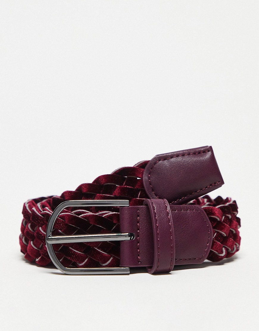 ASOS DESIGN Smart belt in woven velvet in burgundy-Red