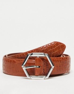 ASOS DESIGN smart belt with hexagon buckle in brown faux croc