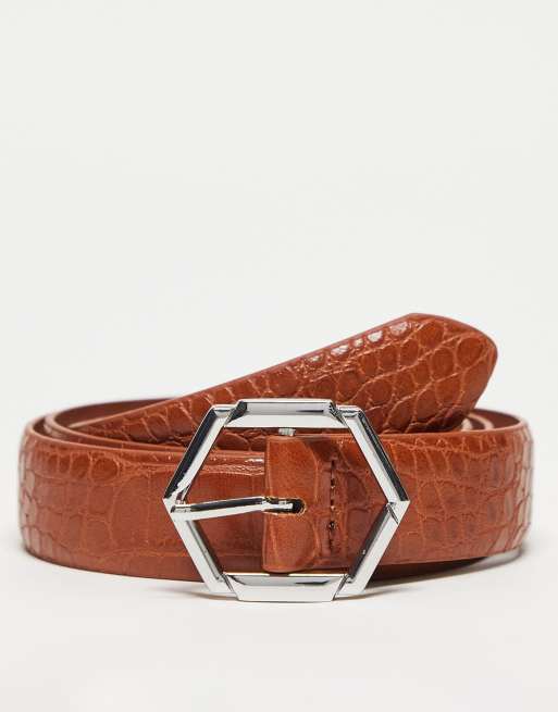 Saint Laurent Double Buckle Croc-Embossed Leather Belt