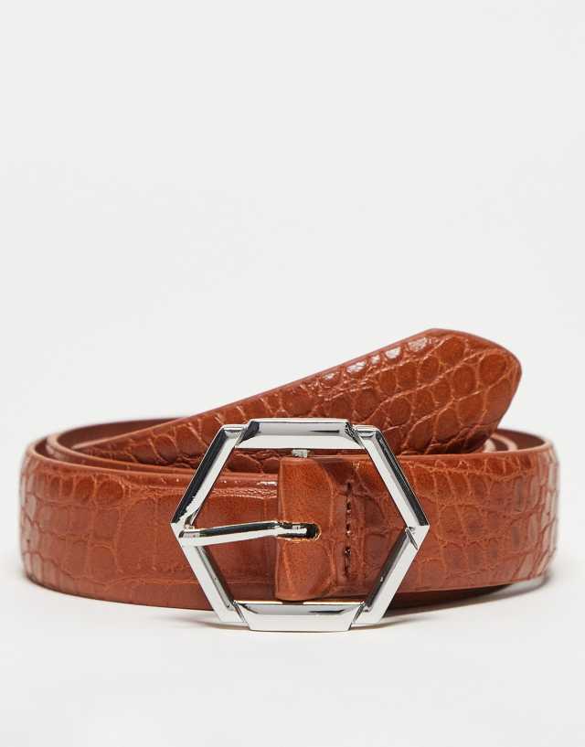 ASOS DESIGN Smart belt with hexagon buckle in brown faux croc