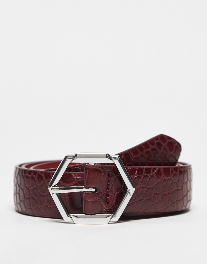 ASOS DESIGN smart belt with hexagon buckle in burgundy faux croc-Red