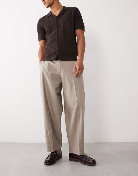 ASOS DESIGN smart belted barrel leg trousers in dark stone linen look - view 1