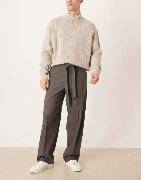 ASOS DESIGN smart belted wide leg pants in grey herringbone - view 1