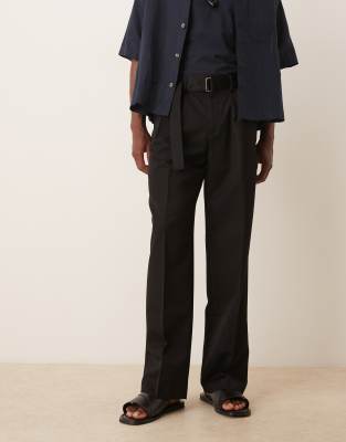 ASOS DESIGN smart belted wide leg pants with double pleats in black