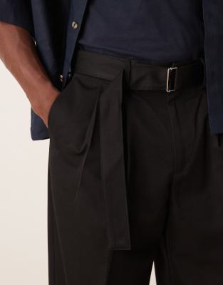 ASOS DESIGN smart belted wide leg pants with double pleats in black