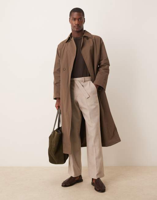 ASOS DESIGN smart belted wide leg trousers with wool in beige herringbone