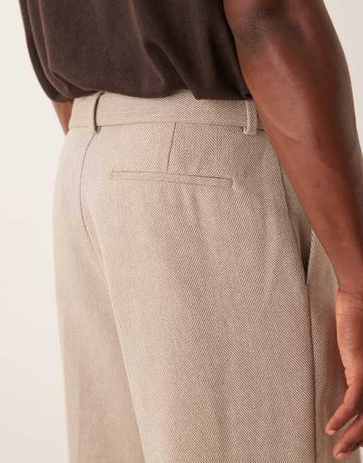 ASOS DESIGN smart belted wide leg trousers with wool in beige herringbone