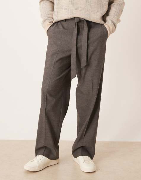 ASOS DESIGN smart belted wide leg trousers in grey herringbone