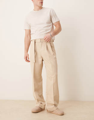 asos ASOS DESIGN smart belted wide leg trousers with front double pleats in beige