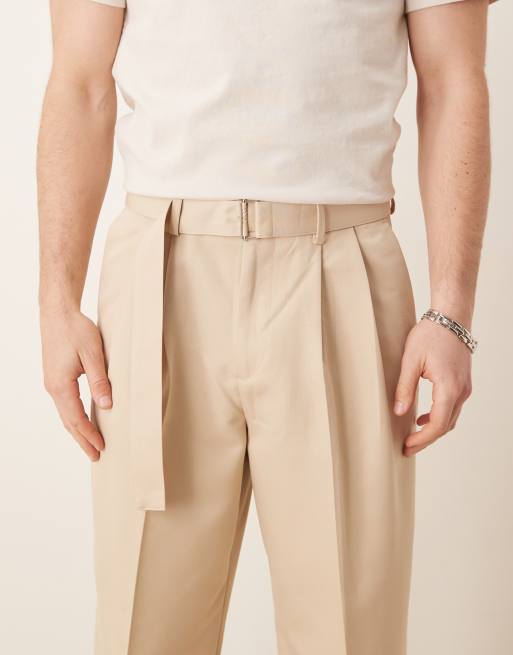 ASOS DESIGN smart belted wide leg trousers with front double pleats in beige