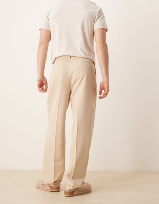 ASOS DESIGN smart belted wide leg trousers with front double pleats in beige