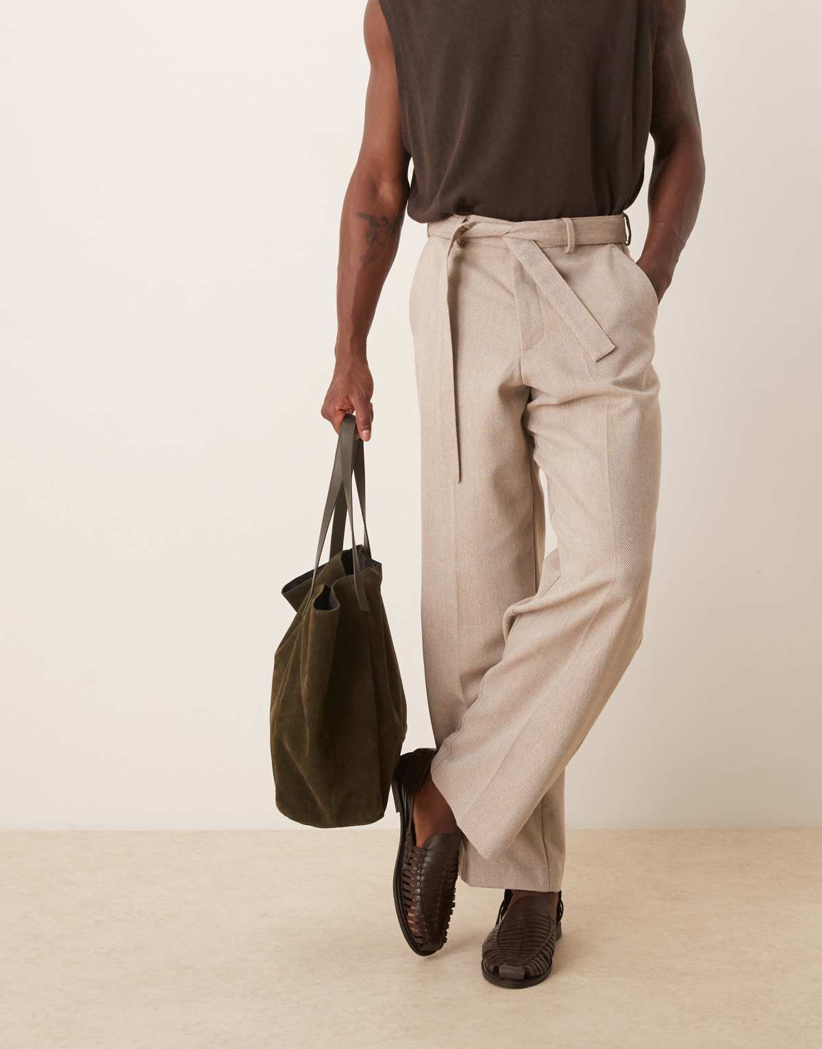 ASOS DESIGN smart belted wide leg trousers with wool in beige herringbone