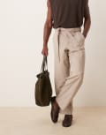[ASOS DESIGN] ASOS DESIGN smart belted wool-blend wide leg pants in beige herringbone-Neutral W34 L30 CAMEL