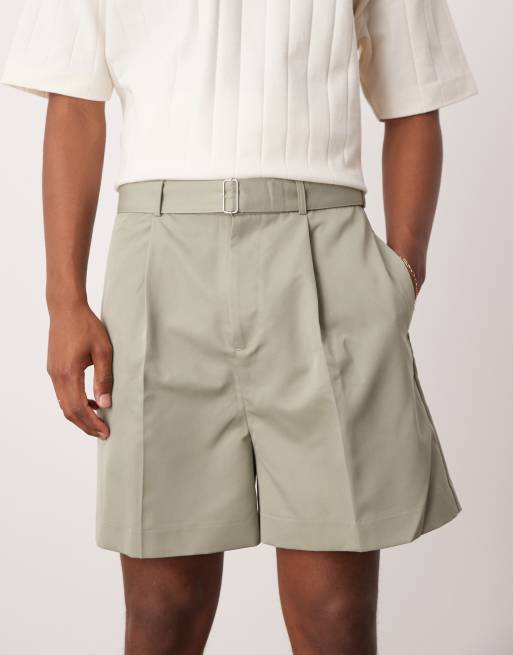 ASOS DESIGN smart bermuda shorts with front pleat and belt detail in green 