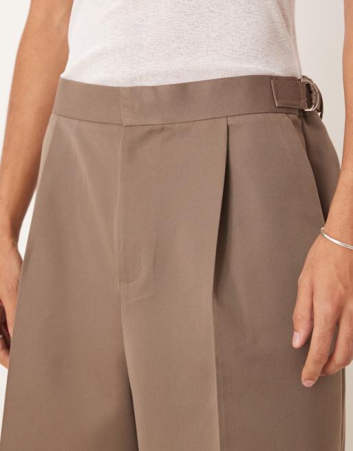 ASOS DESIGN smart wide leg shorts with front pleat and side adjusters in stone