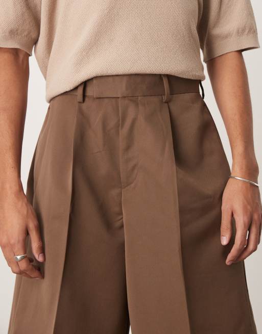 ASOS DESIGN smart wide leg shorts with front pleat in brown