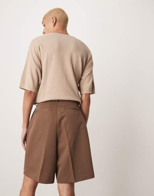 ASOS DESIGN smart wide leg shorts with front pleat in brown